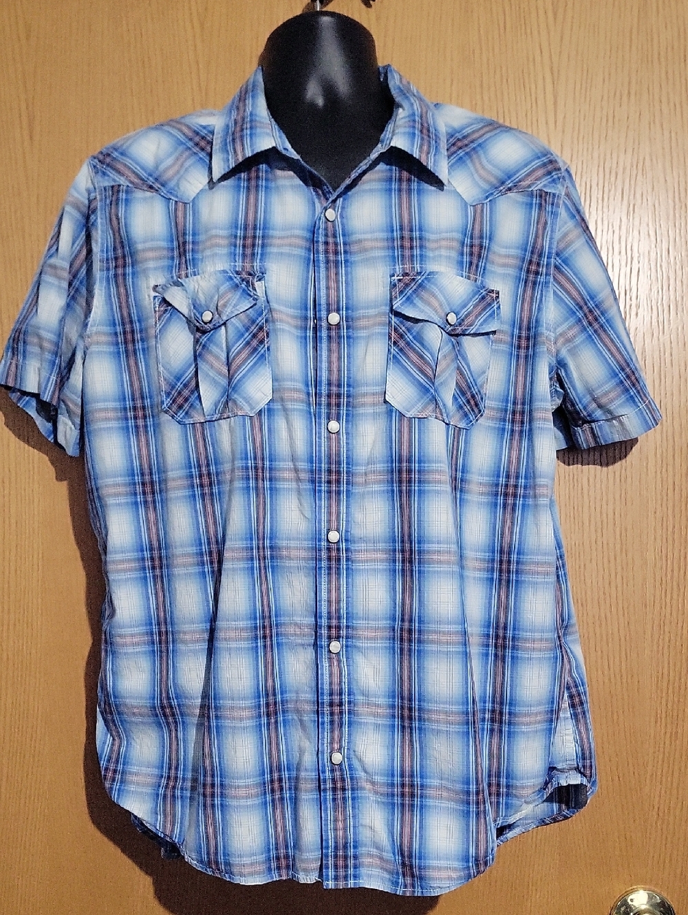 American Eagle Outfitters Light Blue Plaid Short-Sleeve Button-Down Shirt